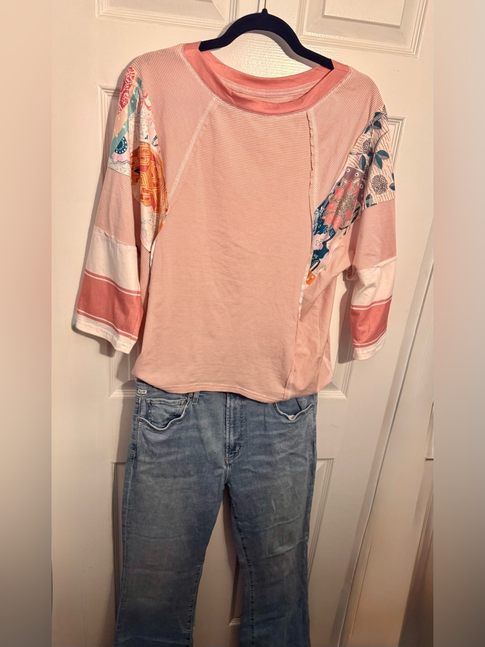 Light Pink Raglan 3/4 Sleeve Patchwork Boho Top Size Small - Picture 15 of 16